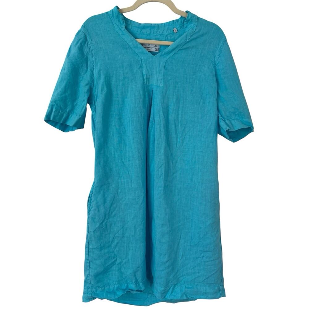 Haris Cotton Linen Dress Aqua Blue Popover Knee Length Size Small Pockets
